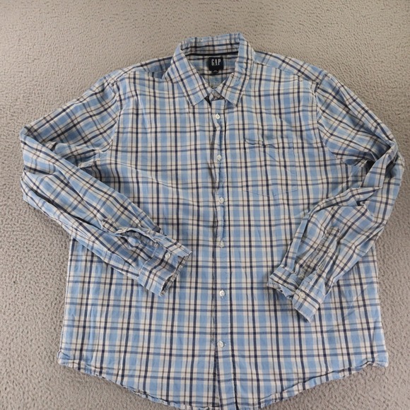 Gap Shirt Mens 2XL Blue Check 100% Cotton Poplin Button Up Long Sleeve‎ - Picture 2 of 10